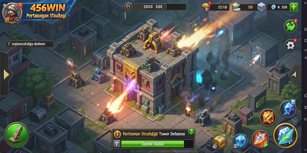 Screenshot gameplay <strong>456WIN</strong> menunjukkan menara yang dibangun untuk strategi Tower Defense.
