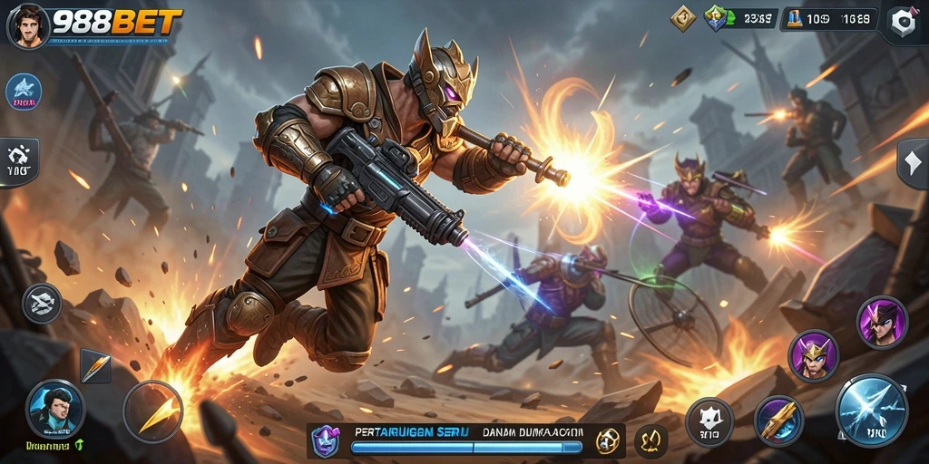 Screenshot utama 988BET menampilkan aksi seru dan karakter yang menantang.