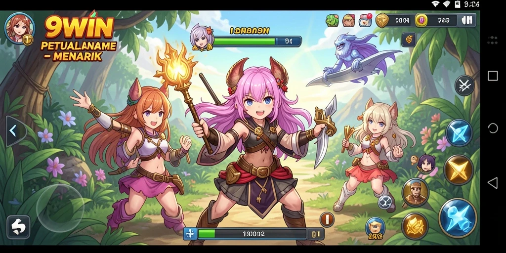 Screenshot gameplay 9WIN menampilkan karakter anime yang sedang bertarung.