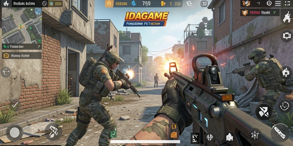 Gambaran gameplay mendebarkan dalam IDAGAME dengan aksi tembak-menembak intens.